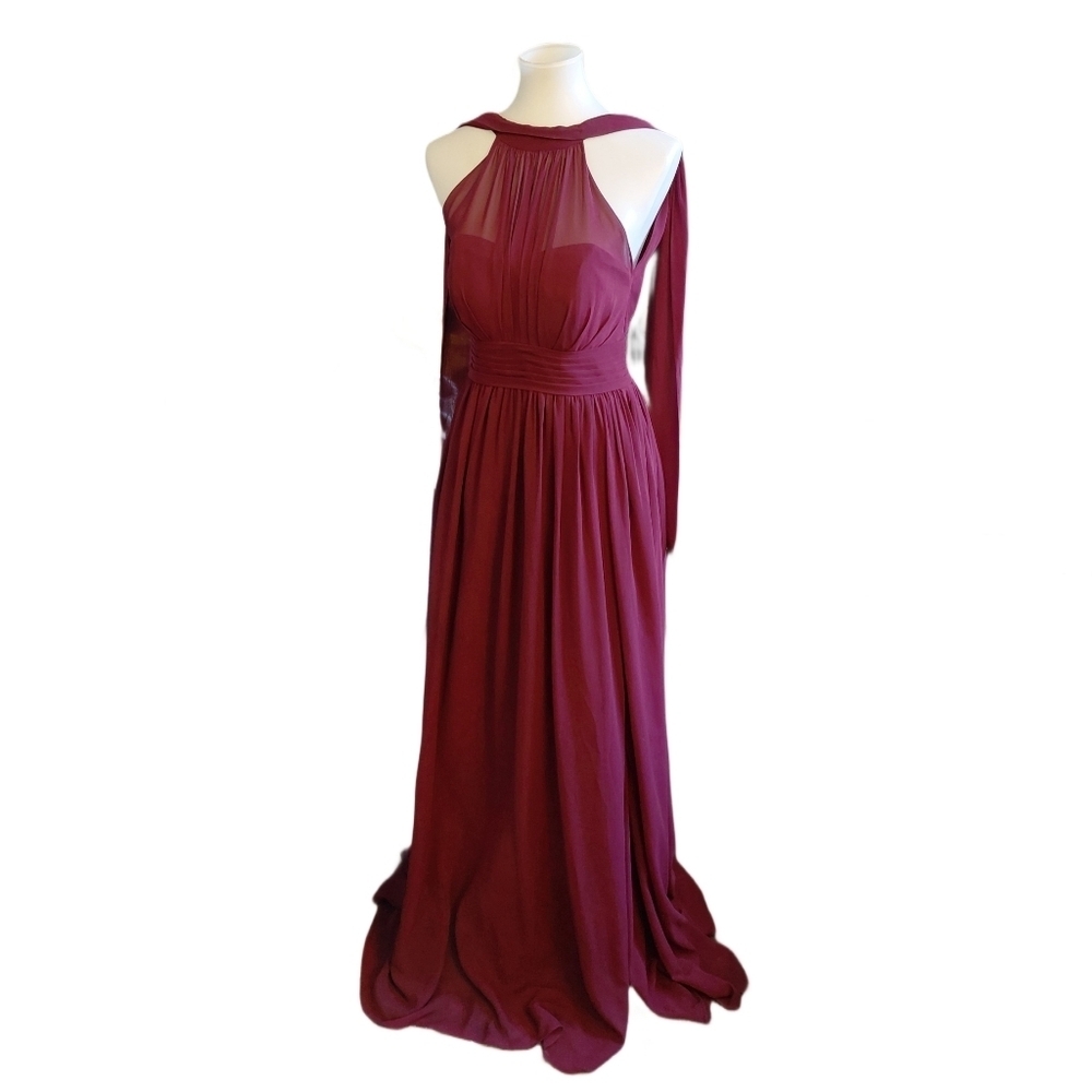 AZAZIE Iman A-Line Chiffon Full Length Keyhole Gown Long Burgundy Dress Sz 4